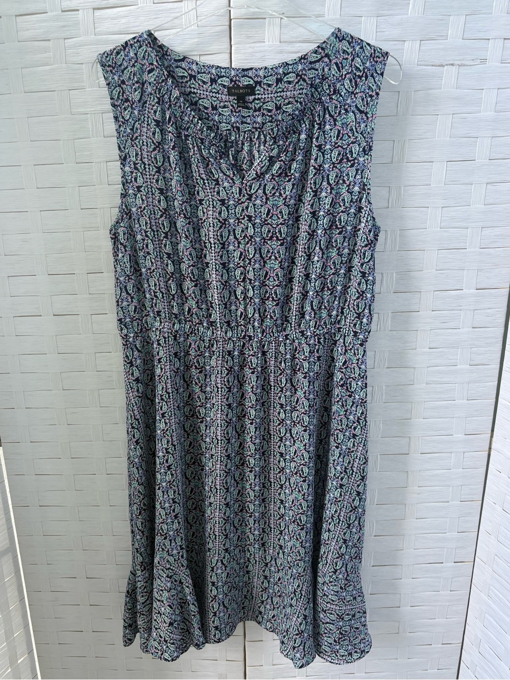 Talbots Size 14 Lined Blue Green Printed Sleeveless Dress Elastic Waist Cruise